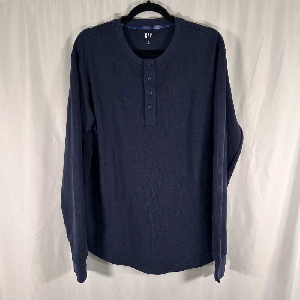 New Gap Shirt Men's Large Midnight Blue Waffled Long Sleeve Crew Neck Cotton Bl